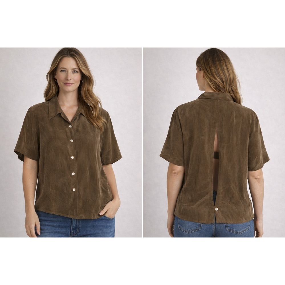 K Petite Short Sleeve Button Up Top Womens 12P Brown NEW Vintage 90s Silken